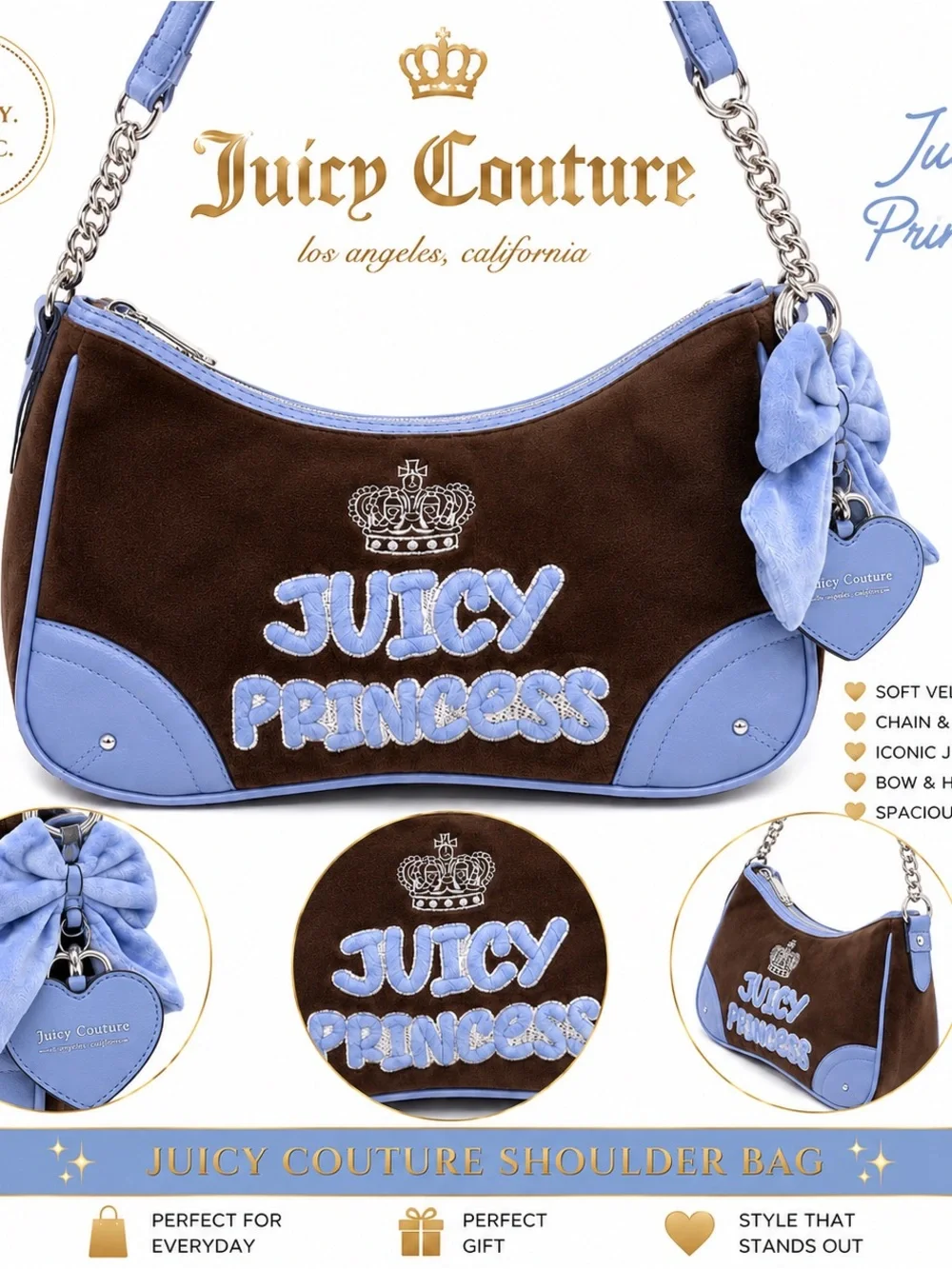 New Juicy Couture chocolate brown princess Shoulder Bag with sky blue trim